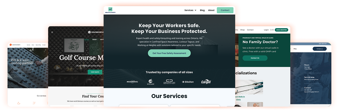 Multiple website screens displayed; one in focus with green accents, and a signup button.