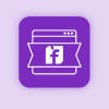 Facebook icon inside a purple banner, set over a browser window, all contained within a purple square.