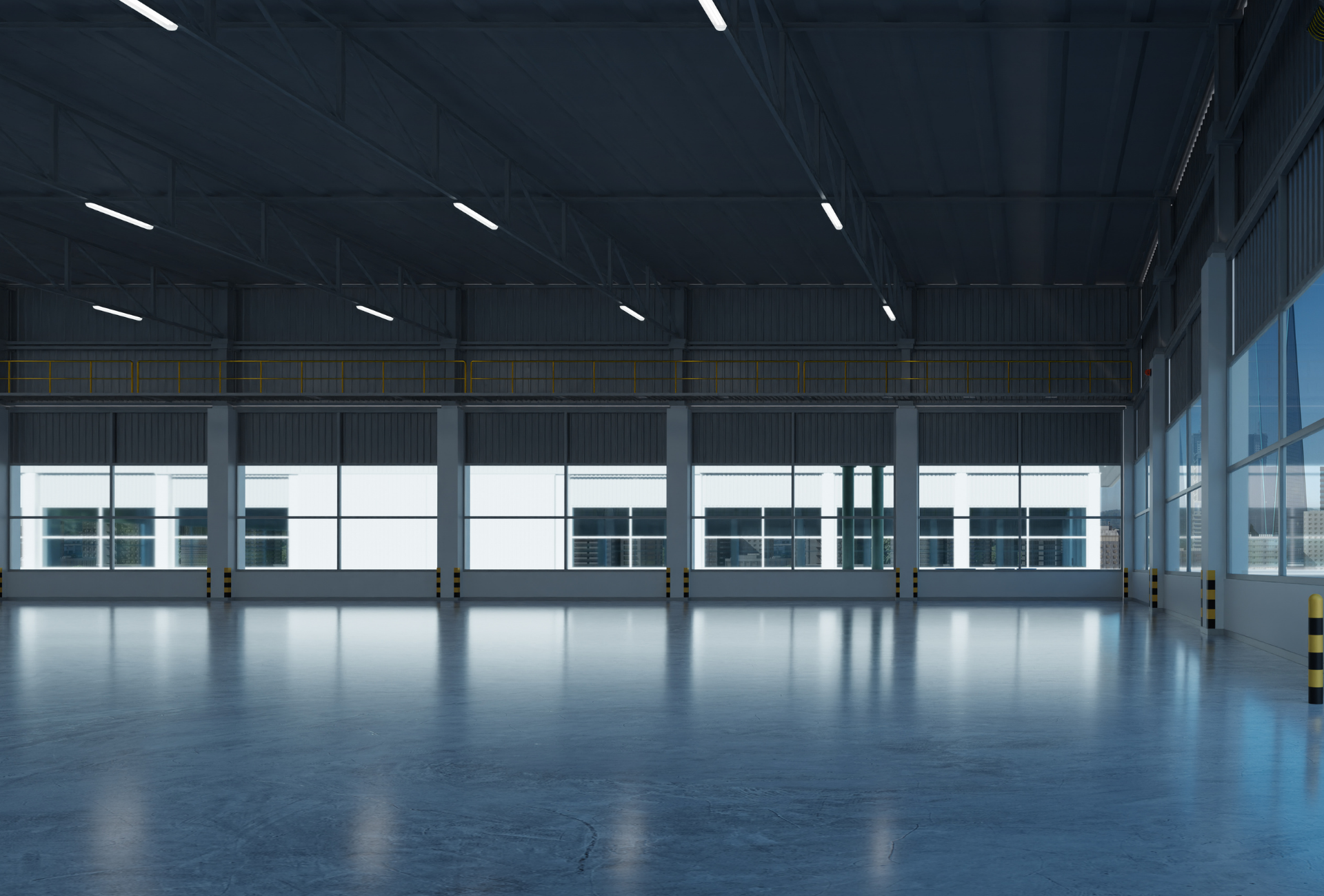 Empty warehouse interior with polished concrete floor, loading dock windows, and overhead lights.