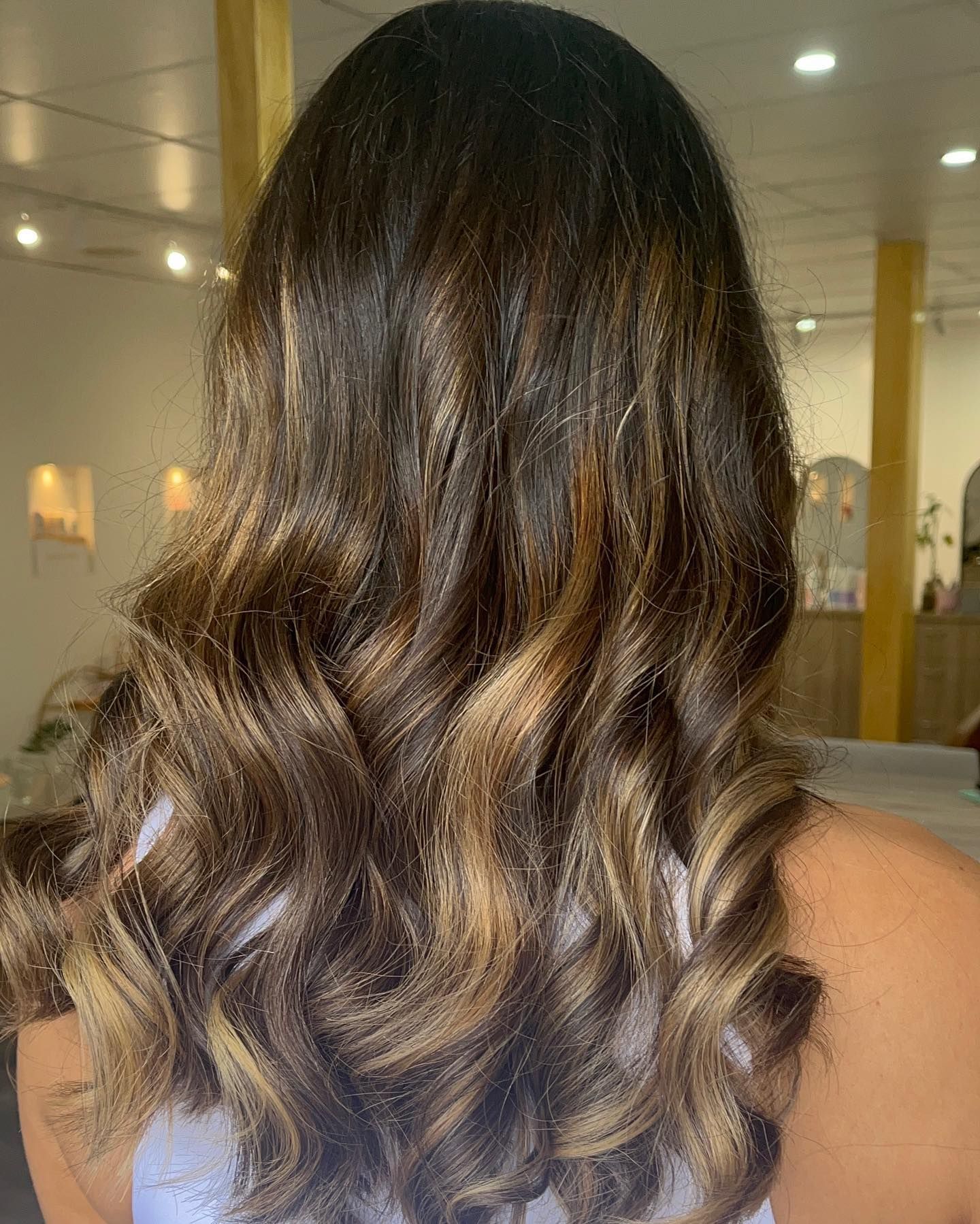 Dark Brown Hair With Blonde Highlights Styled in Loose Waves — That Printed Vinyl Place in Heatley, QLD