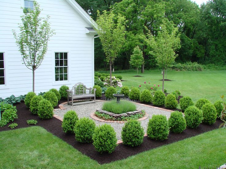 A garden courtyard featuring a central birdbath, a wooden bench, and boxwood shrubs arranged in a square.