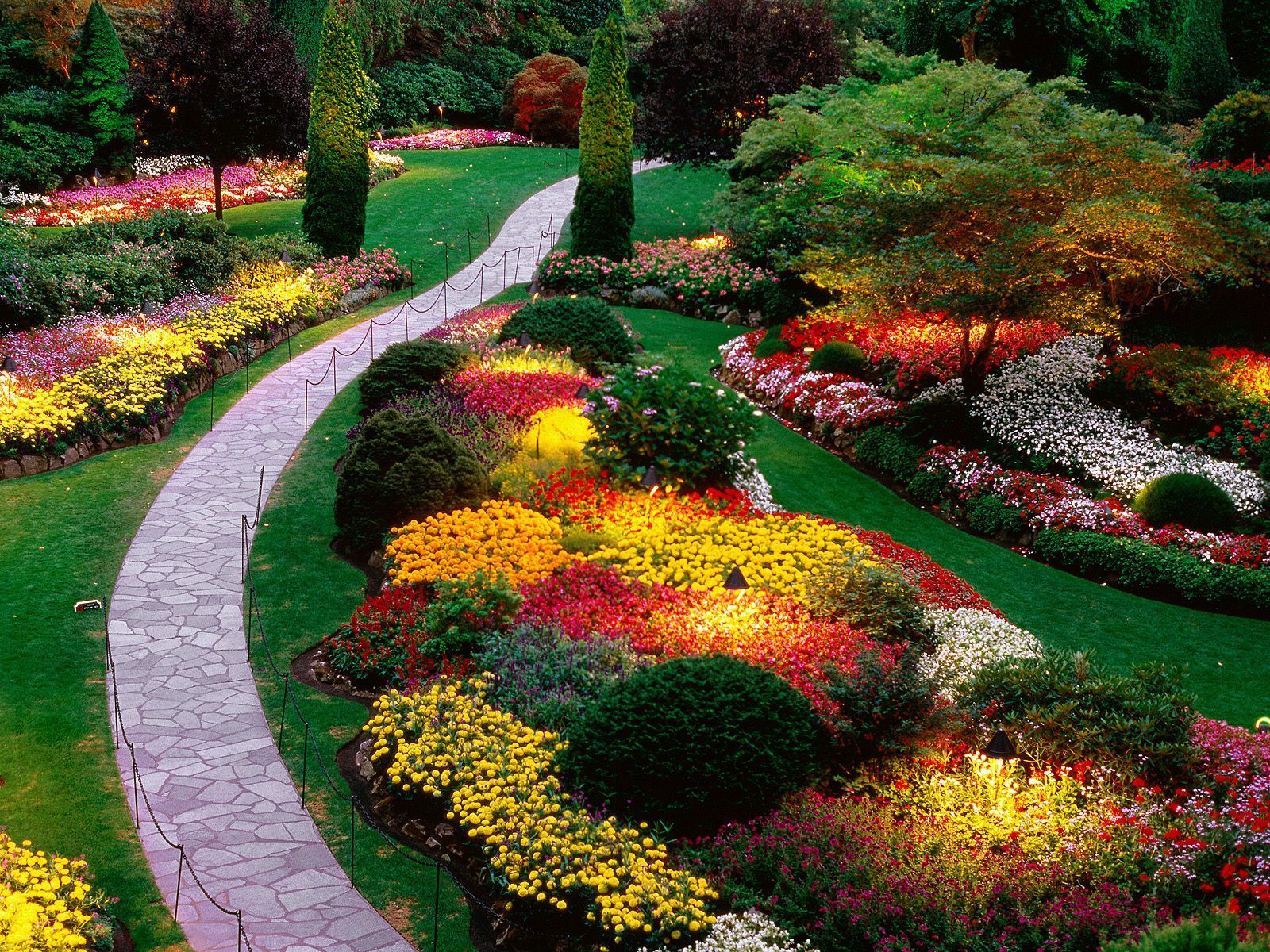 A winding stone path through a vibrant garden filled with colorful flowers, lush greenery, and trees.