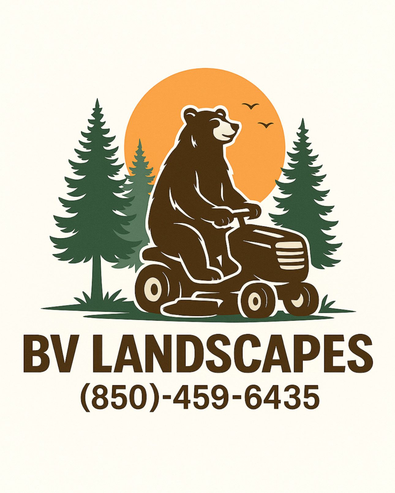 Bear on a riding lawnmower in front of trees and sun, "BV Landscapes" with a phone number.