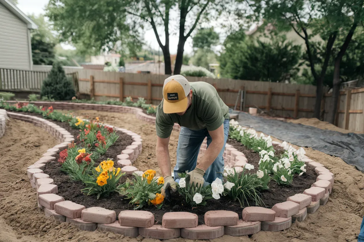 A man is planting flowers in a garden.