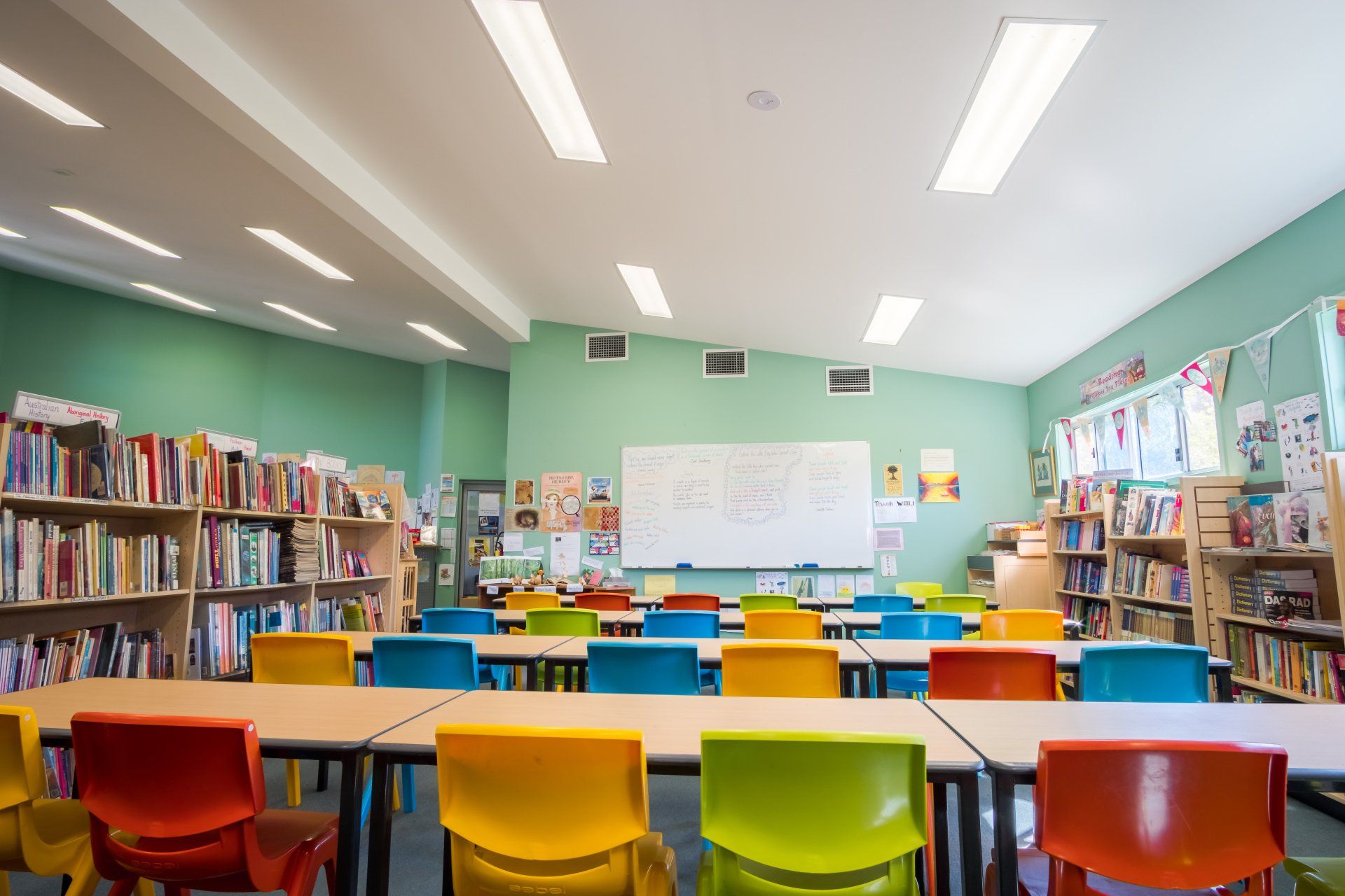 Classroom full of tables and chairs