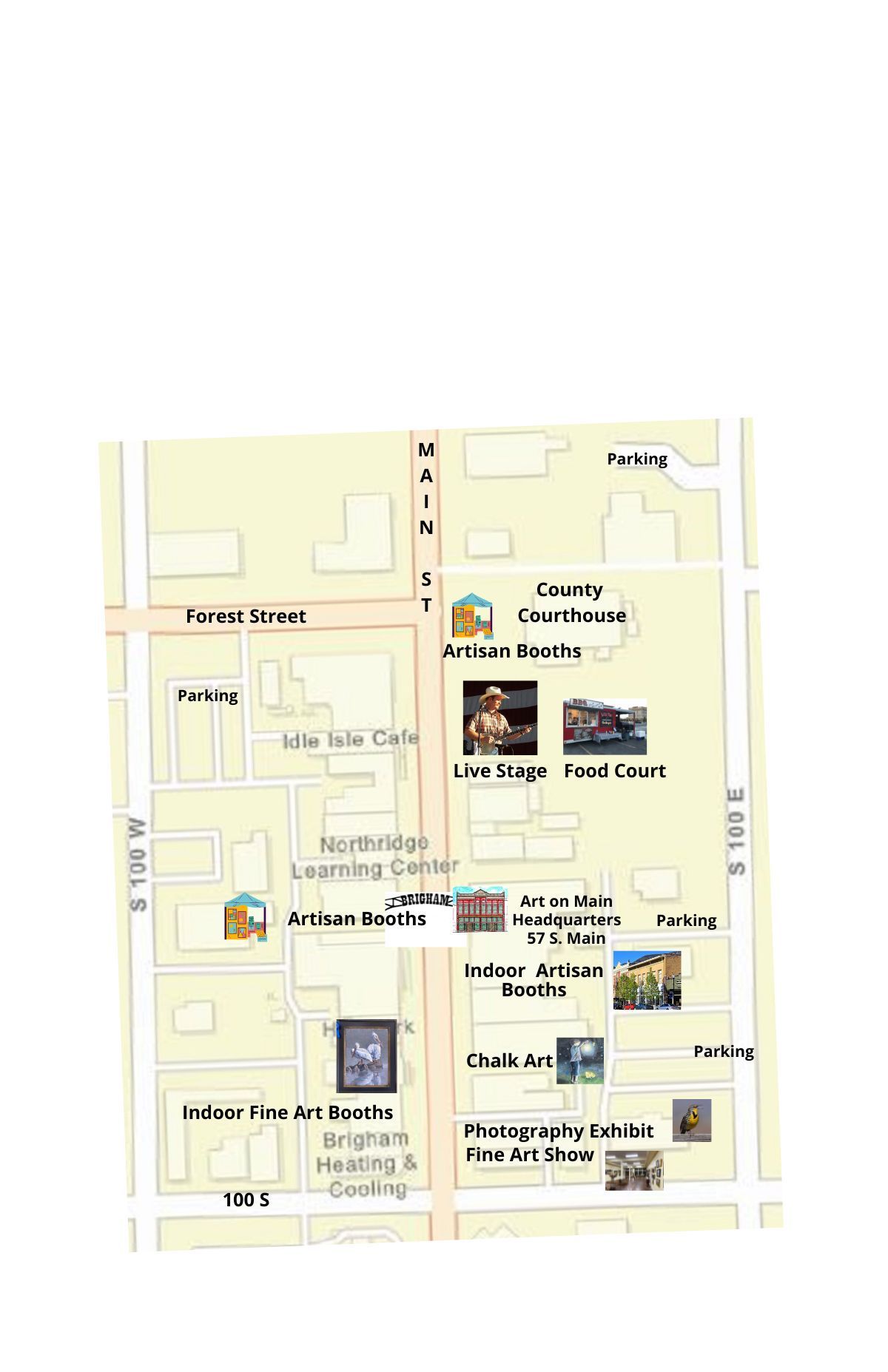 A map of a city with a lot of buildings and pictures on it.