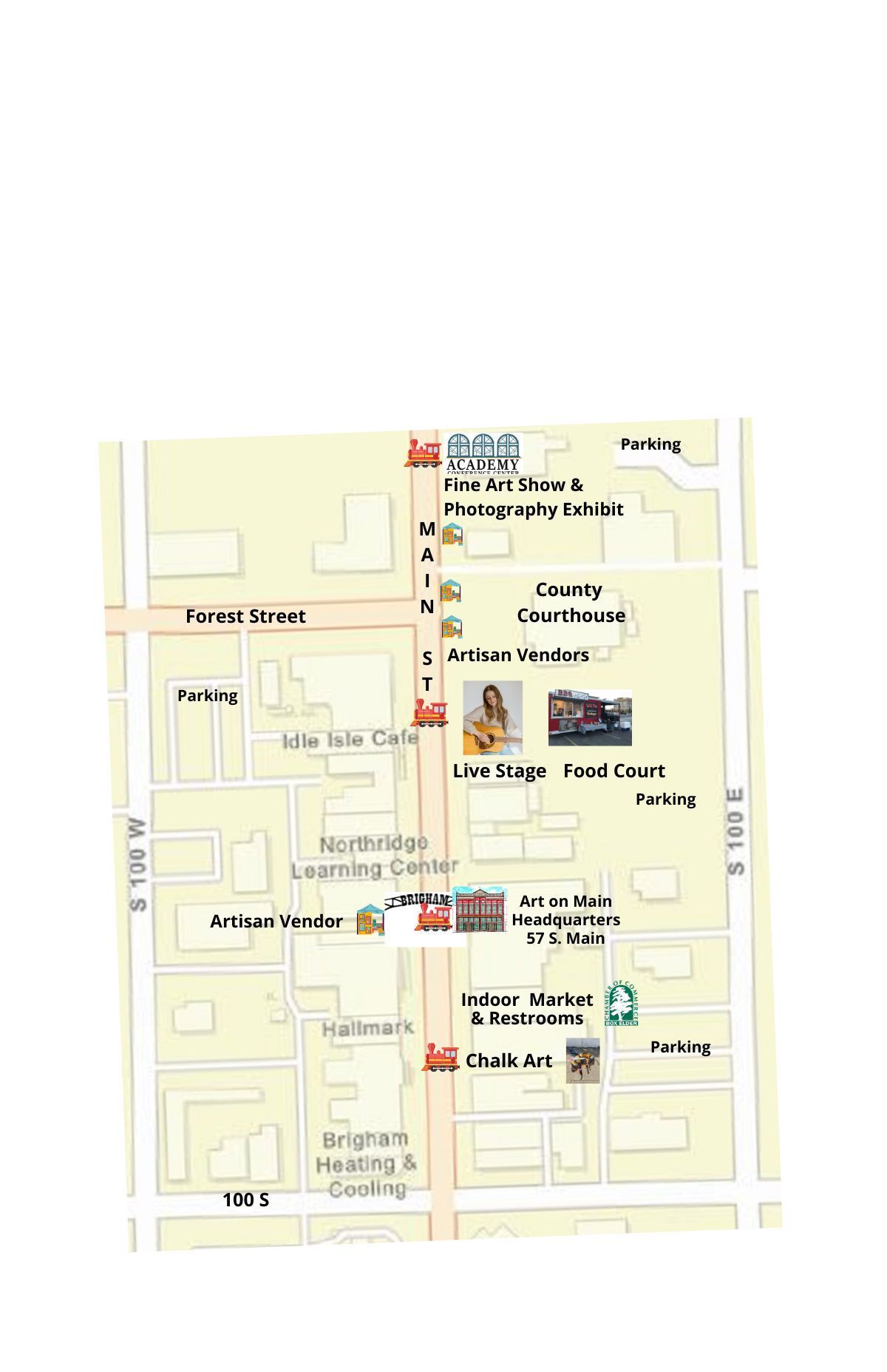 A map of a city with a lot of buildings and pictures on it.