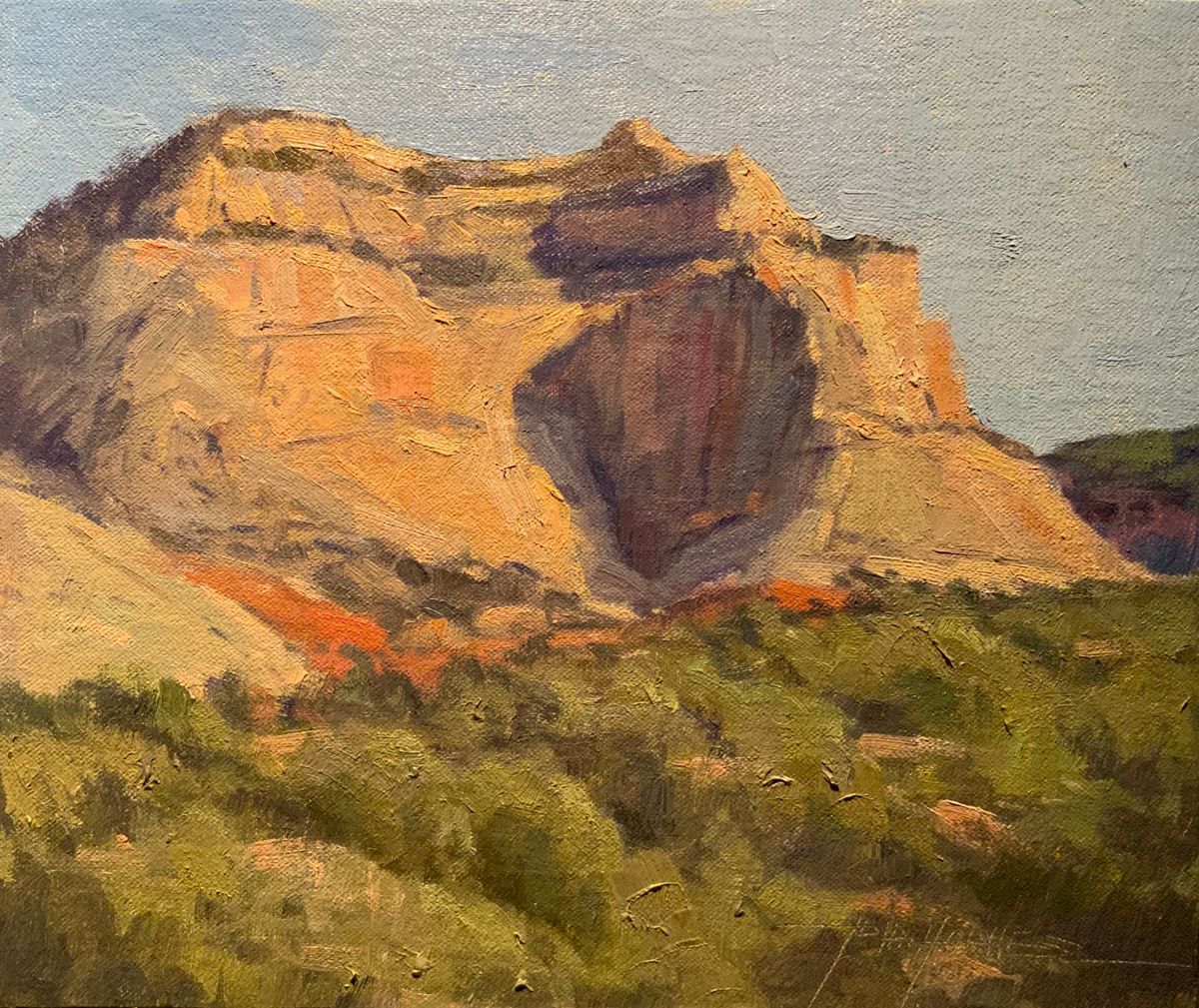 A painting of a mountain with trees in the foreground