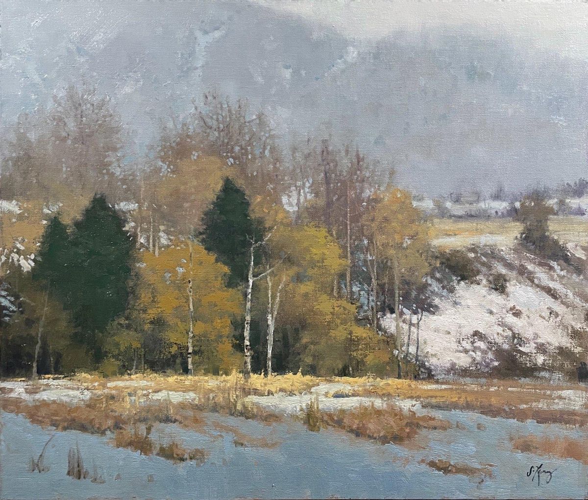 A painting of a snowy field with trees in the background