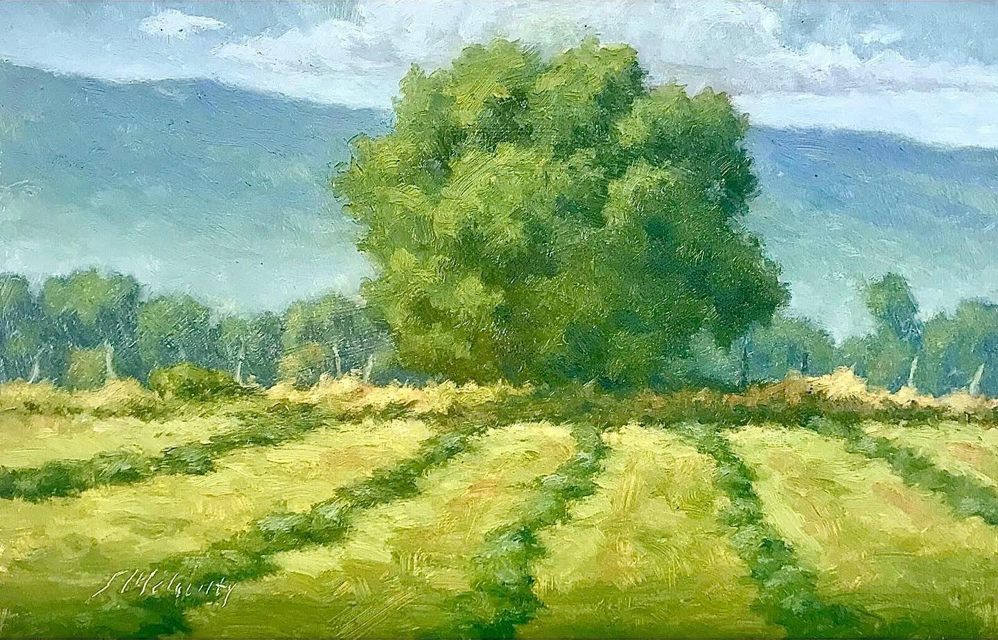 A painting of a tree in a field with mountains in the background.