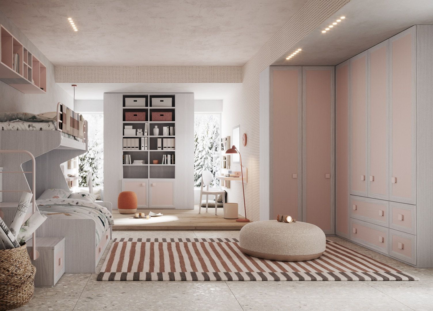 Camera da letto con letti a castello, librerie e ampio armadio nei toni del rosa chiaro e del bianco, con un tappeto.
