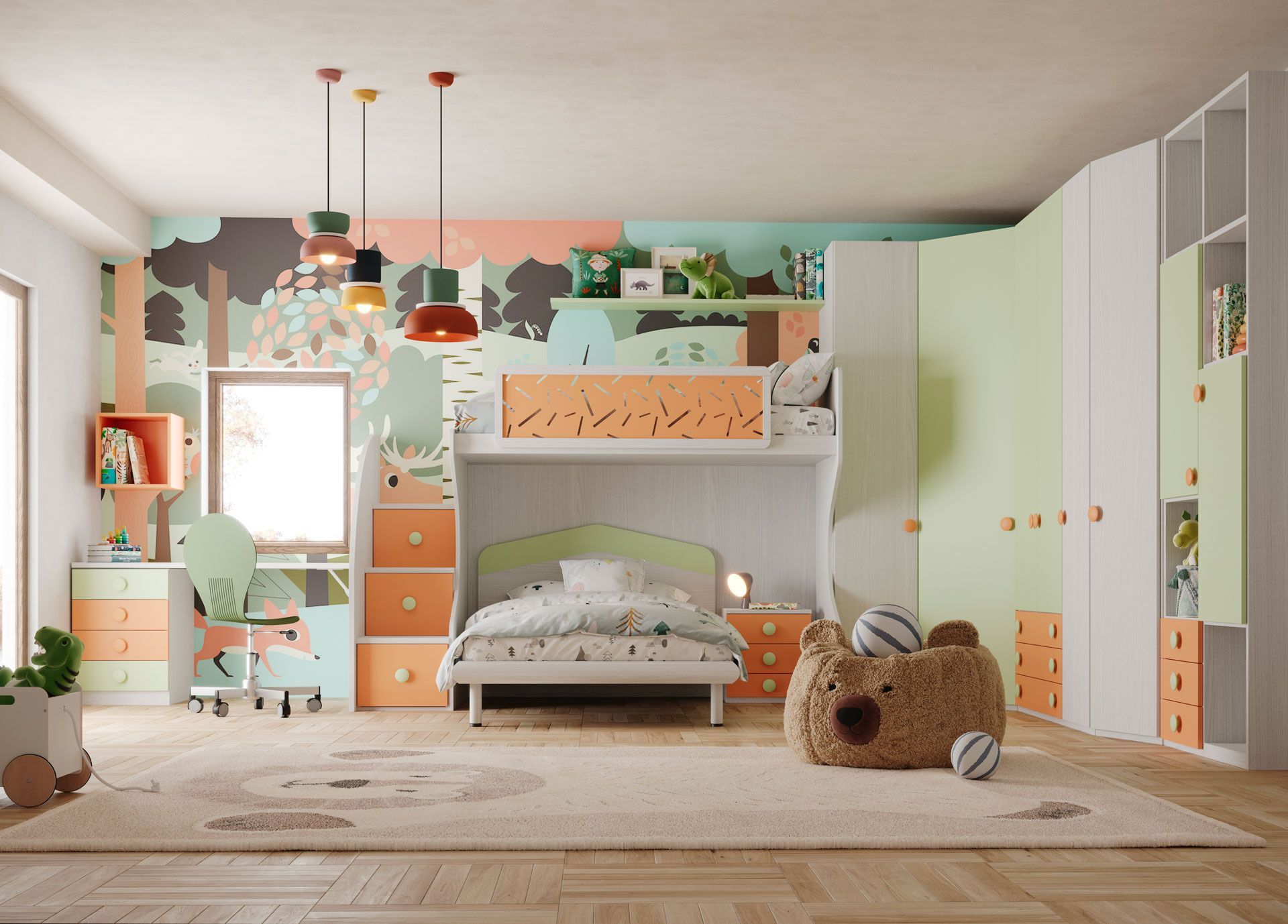Cameretta per bambini con letto a castello, scrivania e decorazioni colorate.