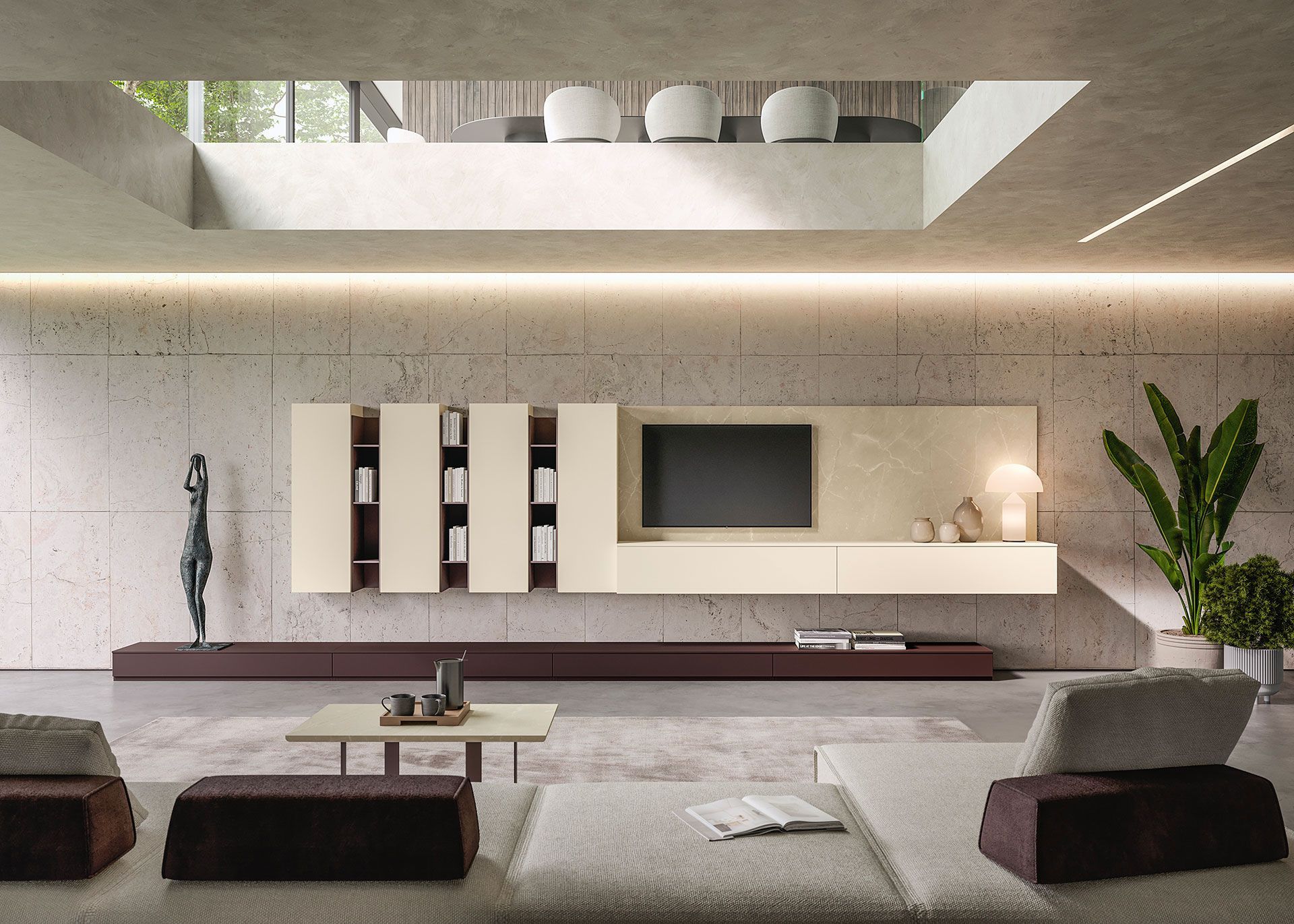 Soggiorno moderno con mobile porta TV sospeso, tonalità beige e marrone.