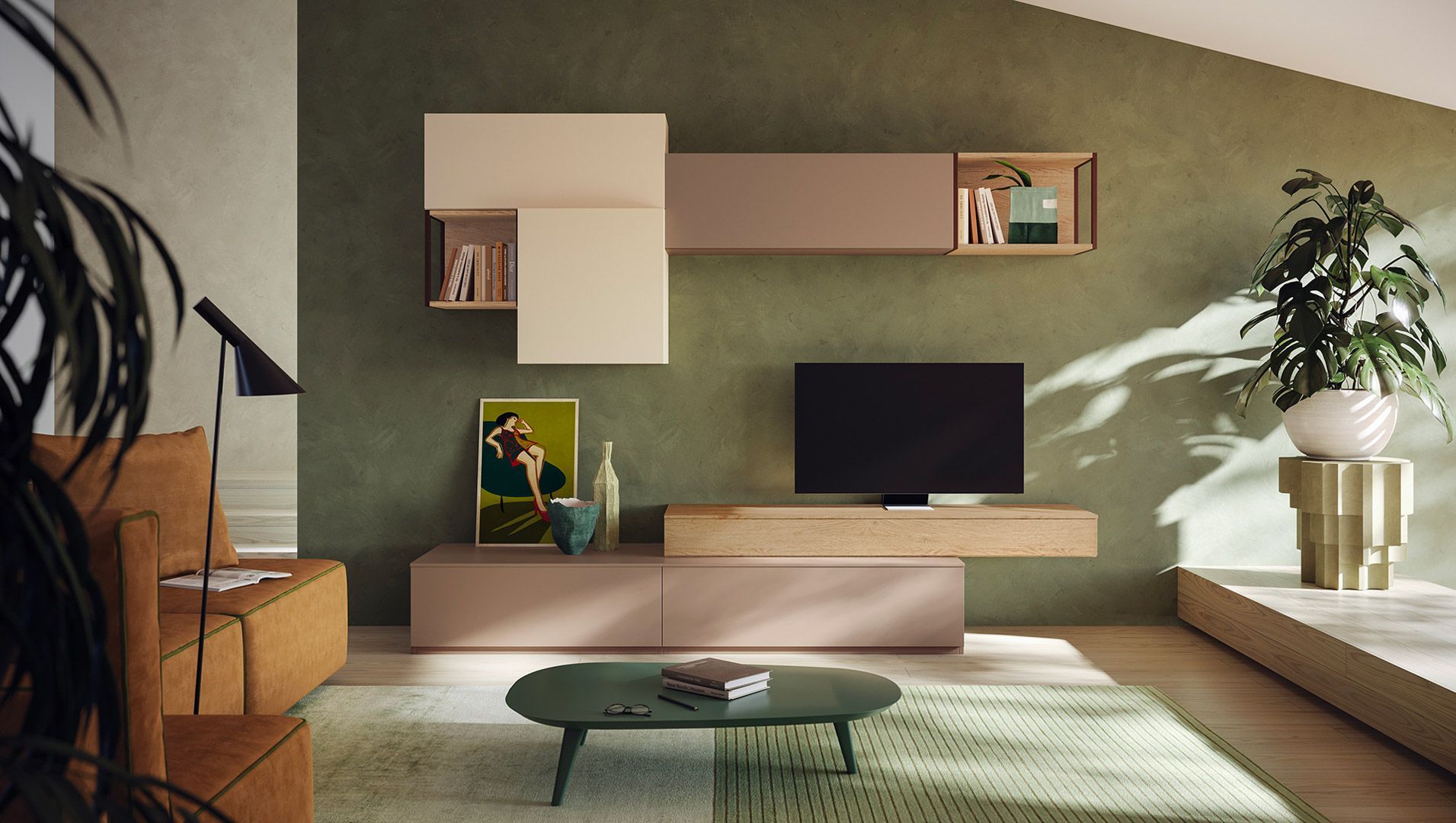 Soggiorno con parete verde, moderno centro di intrattenimento e piante.