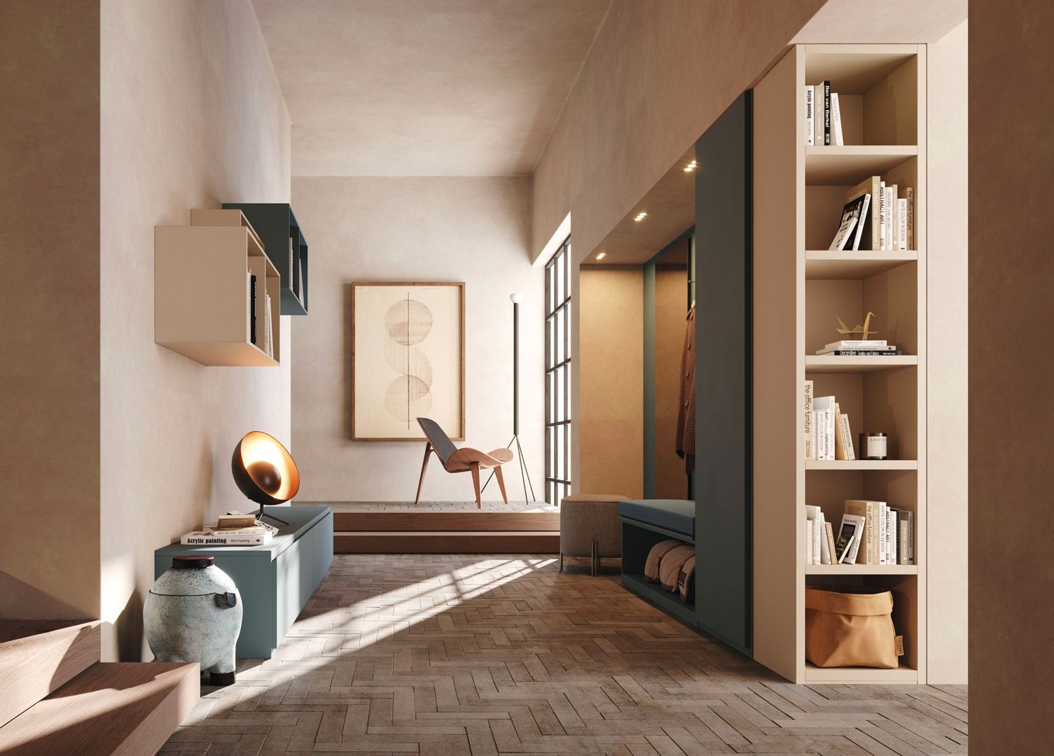 Corridoio con scaffali integrati, opere d'arte e sedute in tonalità neutre con un tocco di verde acqua.