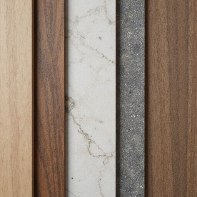 Cinque campioni verticali: legno chiaro, legno scuro, marmo bianco, pietra grigia screziata e legno marrone medio.