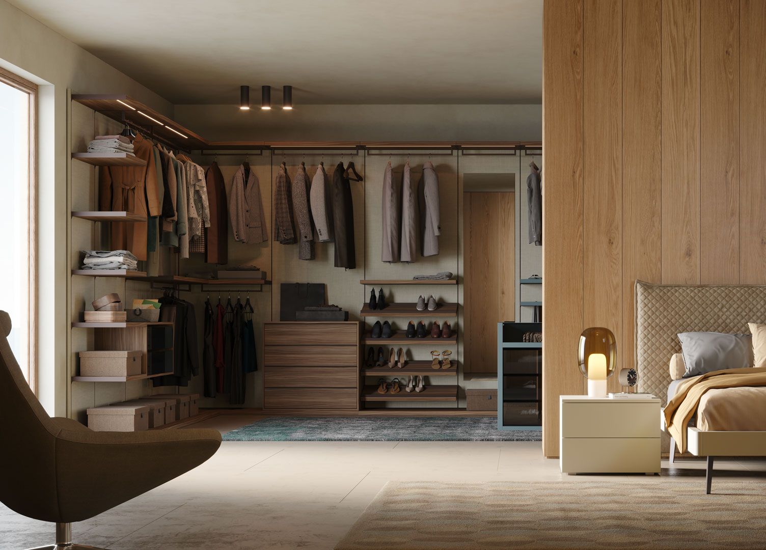 Cabina armadio con vestiti, scarpe e accessori; camera da letto con letto, sedia e comodino. Toni neutri.