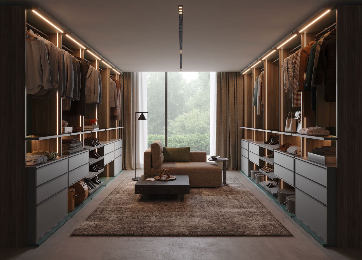 Una cabina armadio moderna e ben illuminata, con appendiabiti, cassetti e una zona salotto.