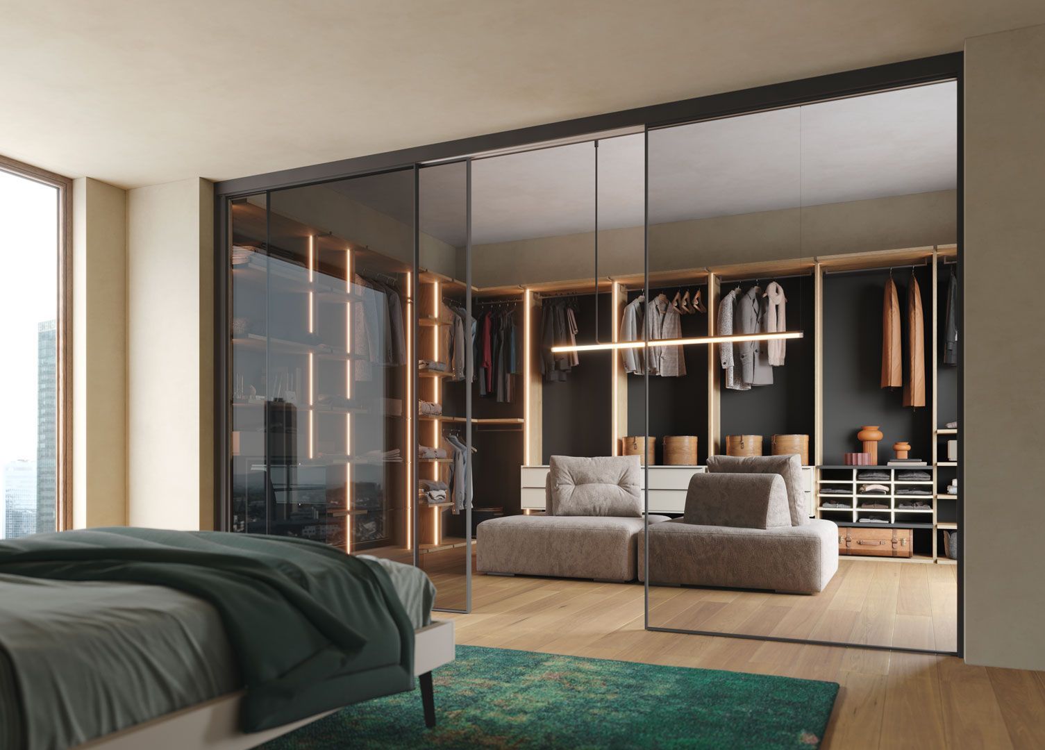 Camera da letto con grandi porte scorrevoli a specchio che rivelano una cabina armadio.