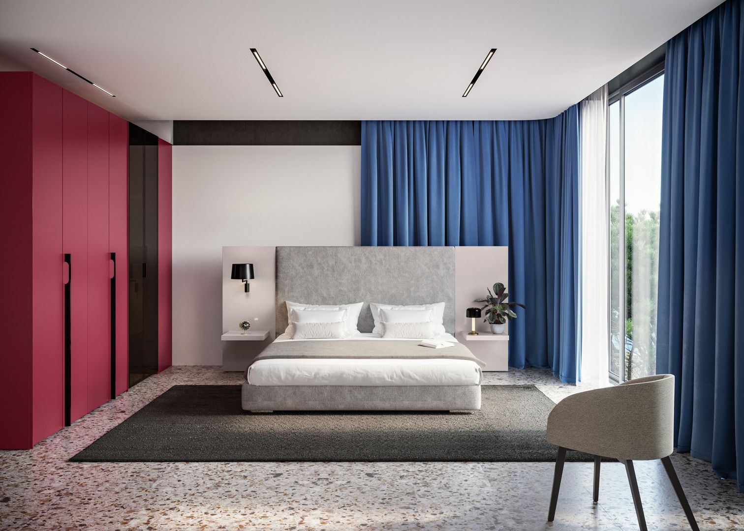 Camera da letto moderna con letto grigio, tende blu e armadio rosa.