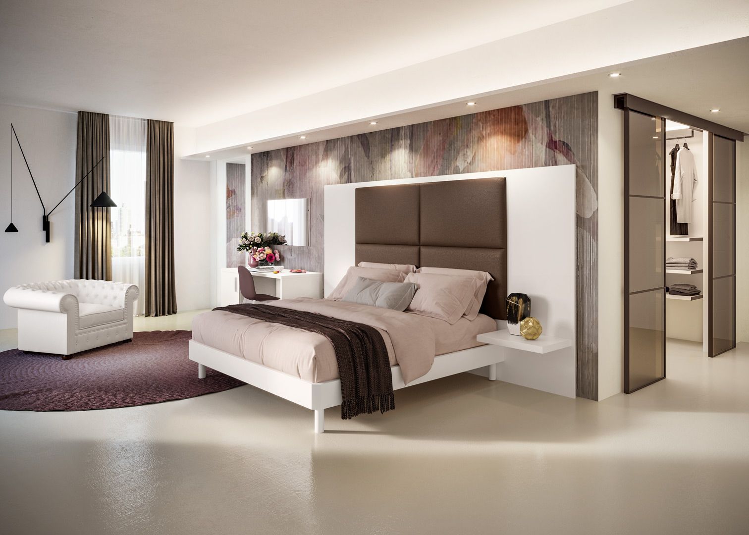 Camera da letto moderna con letto, mobiletto, armadio e zona soggiorno. Toni neutri con accenti di marrone e viola.