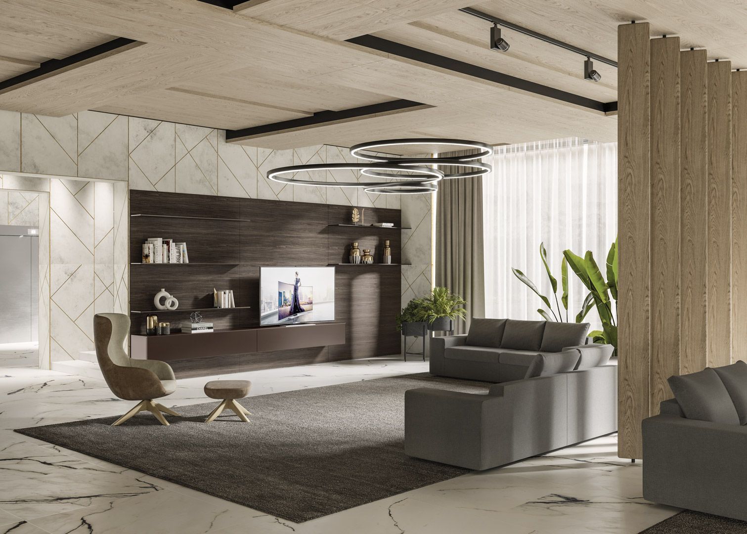 Un soggiorno moderno con mobile TV in legno scuro, divani grigi e pavimenti in marmo.