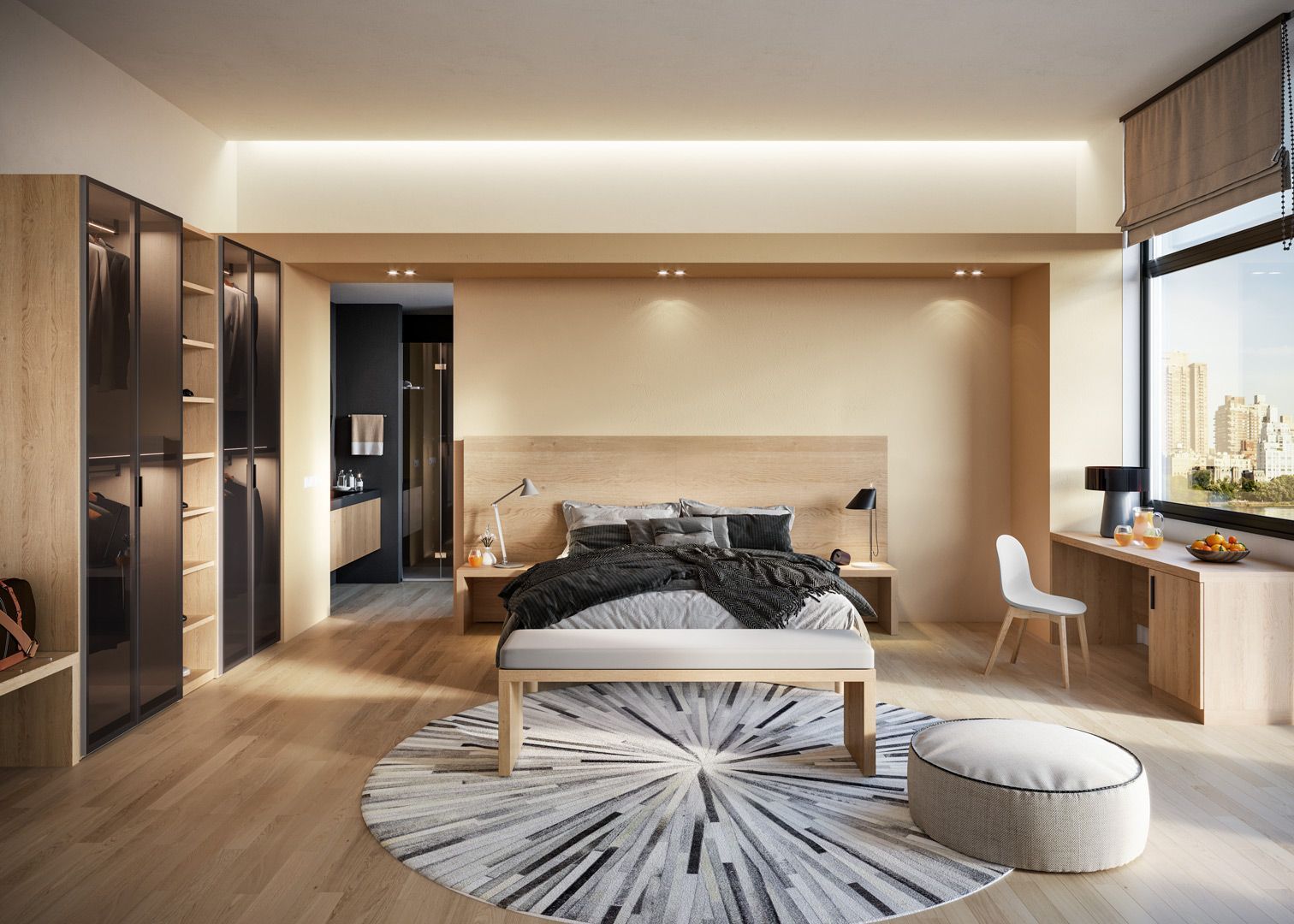 Camera da letto moderna con dettagli in legno, una grande finestra, letto, scrivania e tappeto rotondo.