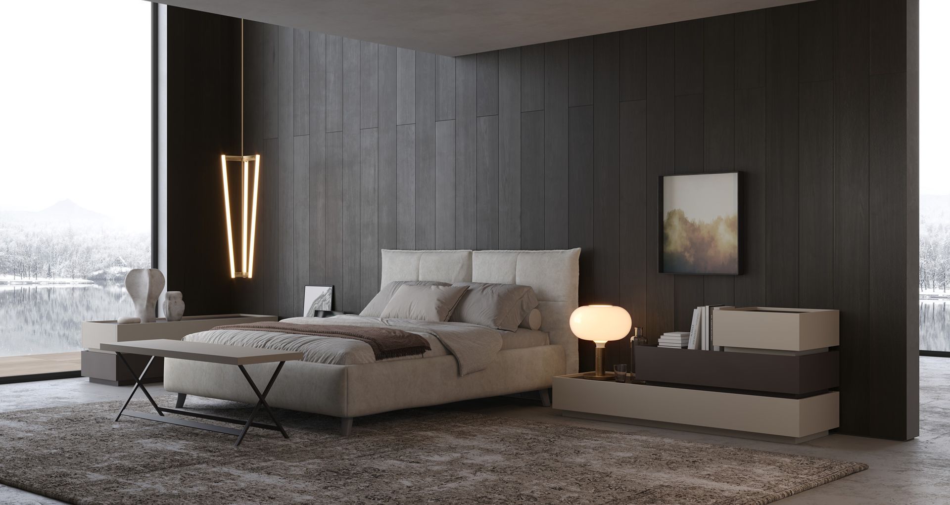 Camera da letto moderna con toni di grigio, ampia finestra, letto e illuminazione decorativa.