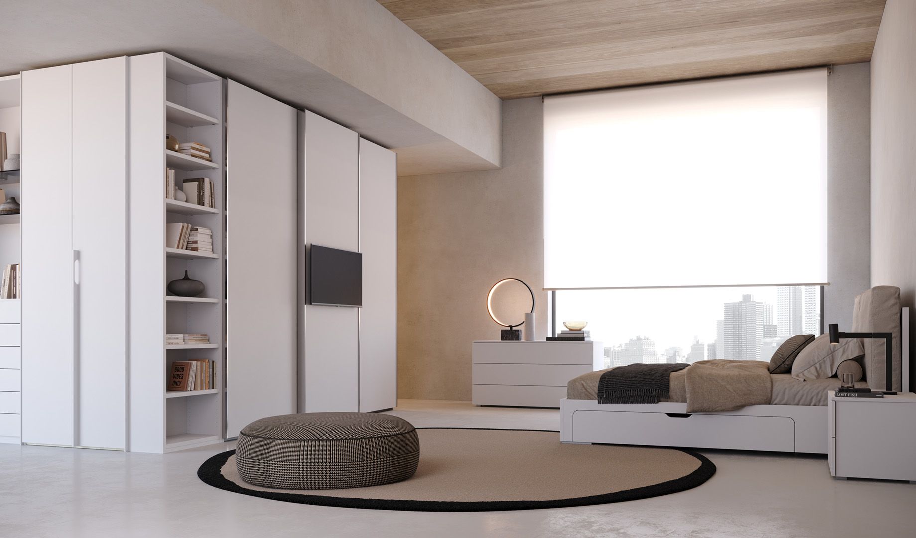 Moderna camera da letto bianca con armadio, letto, cassettiera, tappeto rotondo e grande finestra con tenda chiusa.