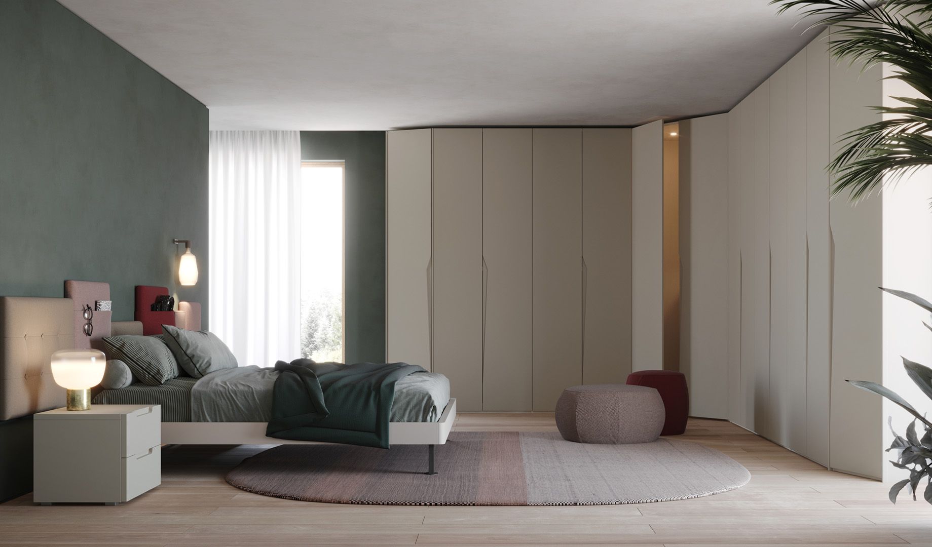 Camera da letto con letto, armadio e parete verde. Combinazione di colori beige e verde.