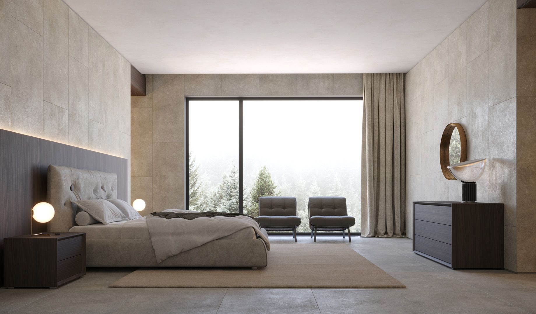 Camera da letto moderna con ampia finestra con vista sugli alberi; letto, sedie, cassettiera, colori neutri.