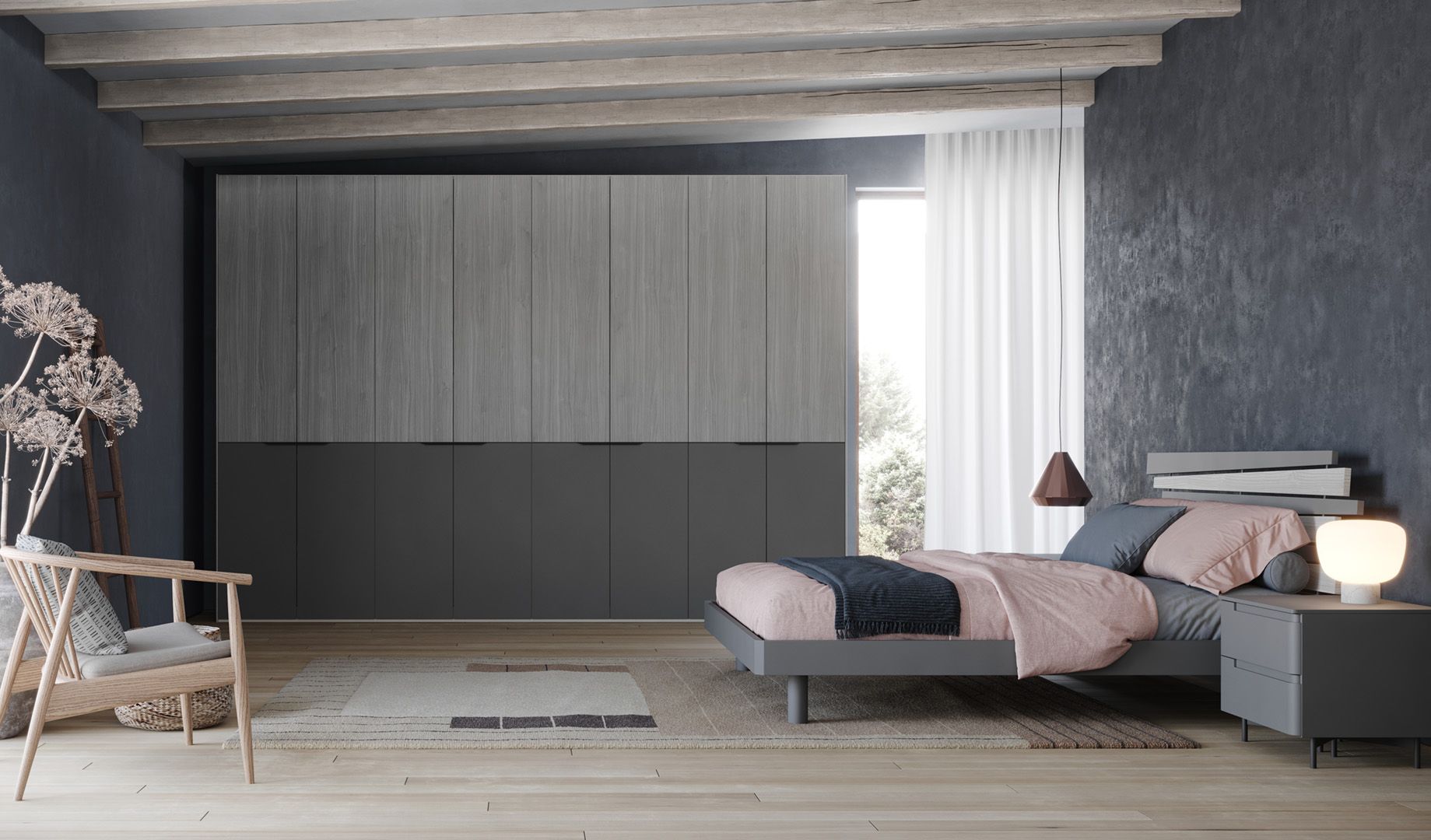 Camera da letto con pareti grigie, un letto moderno e un ampio armadio con finitura effetto legno.