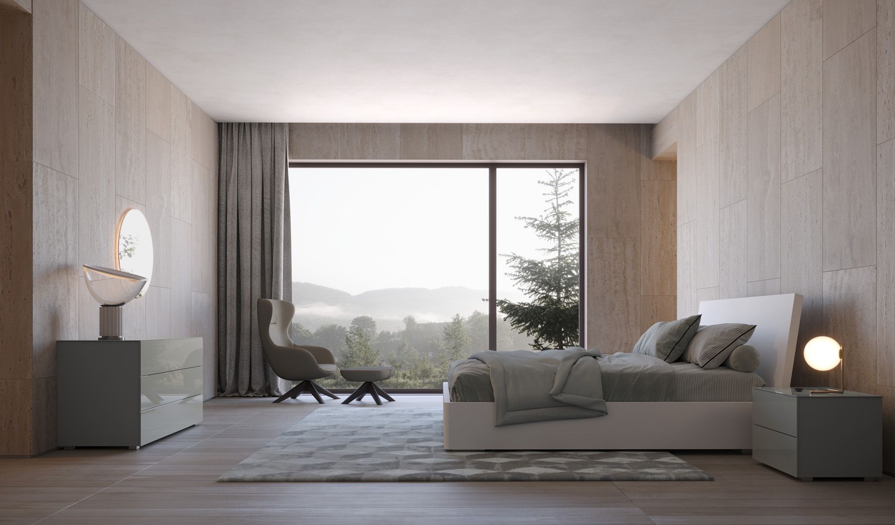 Camera da letto moderna con letto, poltrona, ampia finestra e pannelli in legno.