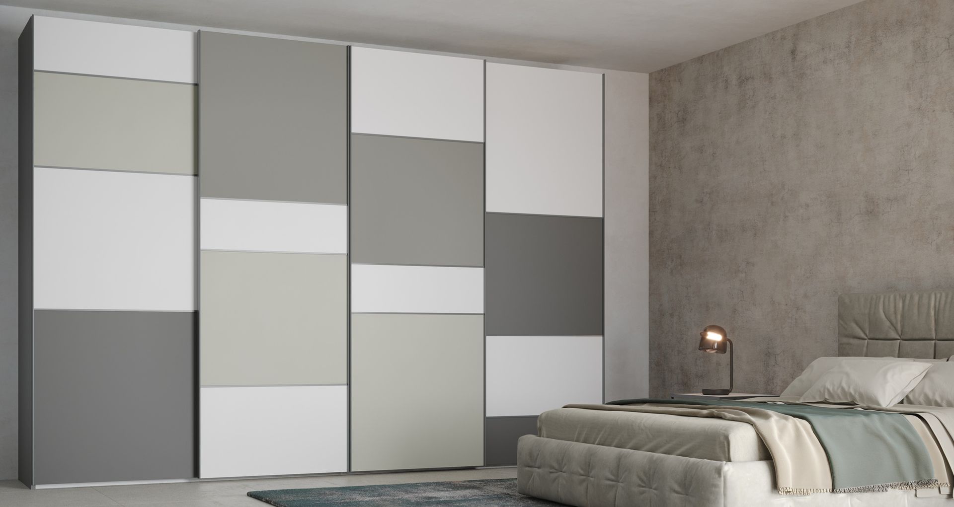 Camera da letto moderna con un grande armadio con ante scorrevoli multicolori.
