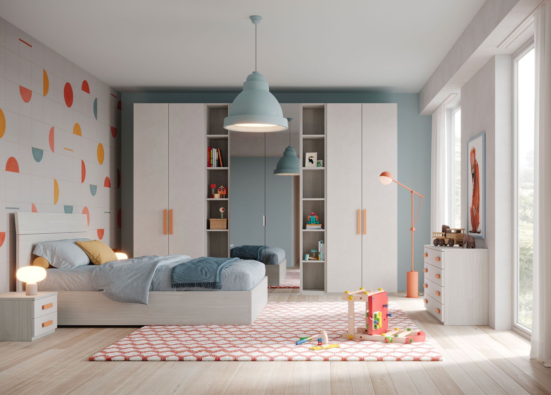 Camera da letto con letto bianco, armadio e quadri colorati alle pareti. Dettagli blu e arancioni.