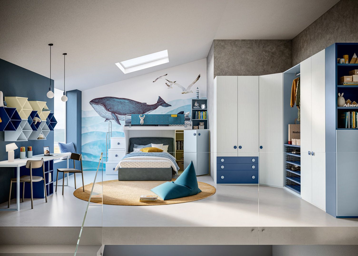 Camera da letto per bambini a tema nautico con murale raffigurante una balena, letto a soppalco.