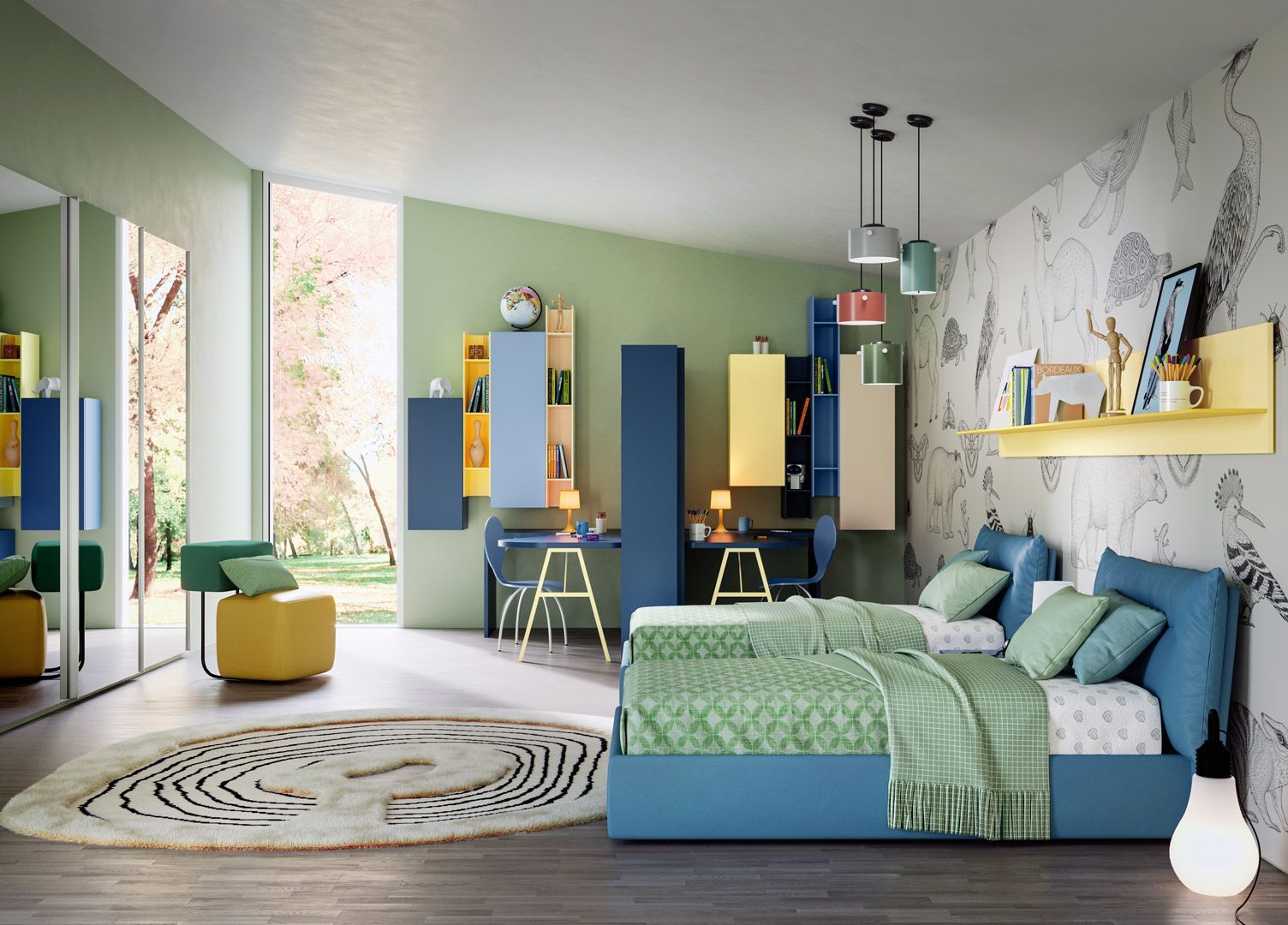 Una cameretta colorata per bambini con due letti, scrivania e spazio per riporre gli oggetti. .