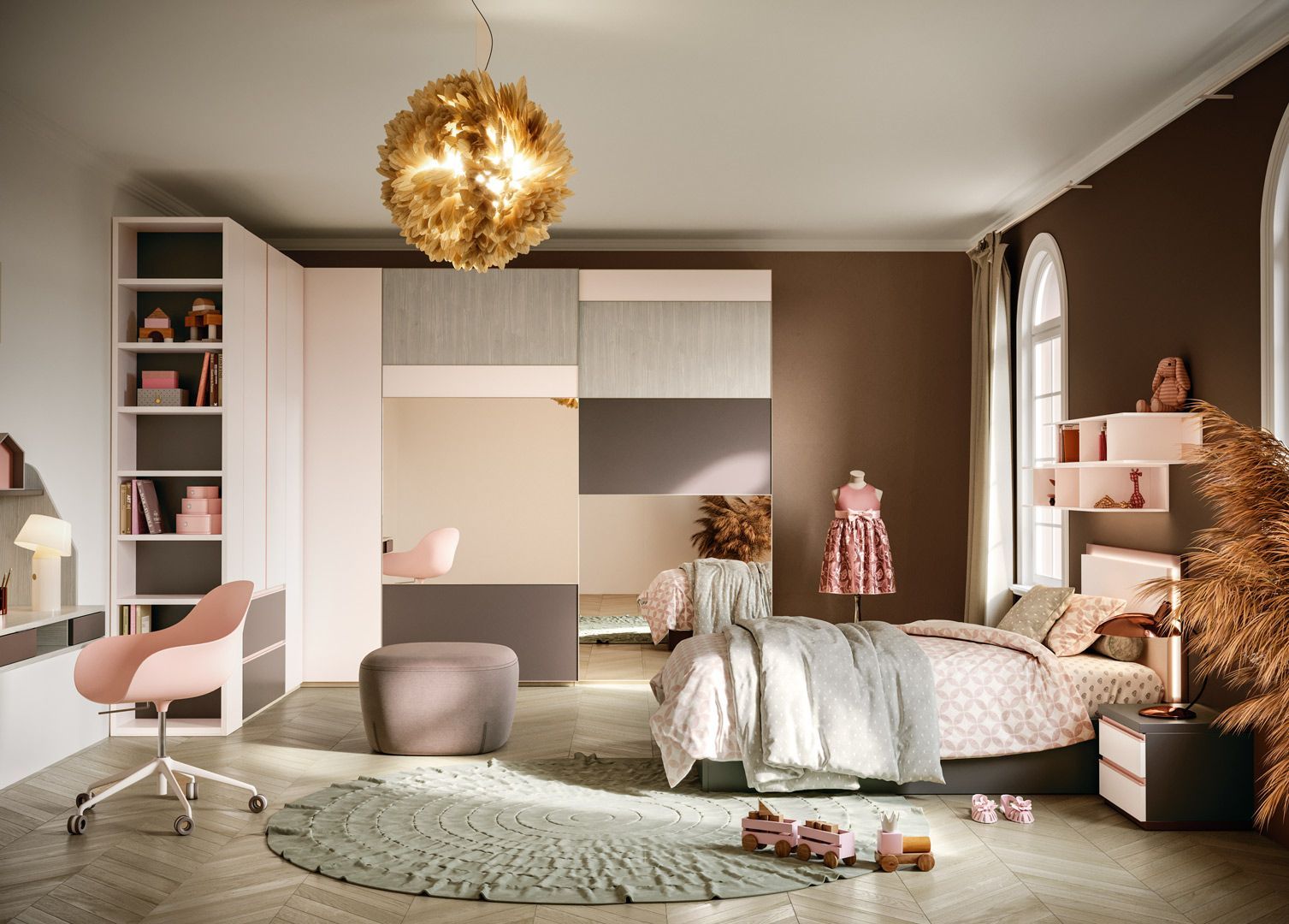 Camera da letto della bambina: arredamento rosa e marrone, con scrivania, letto, armadio e tappeto rotondo.