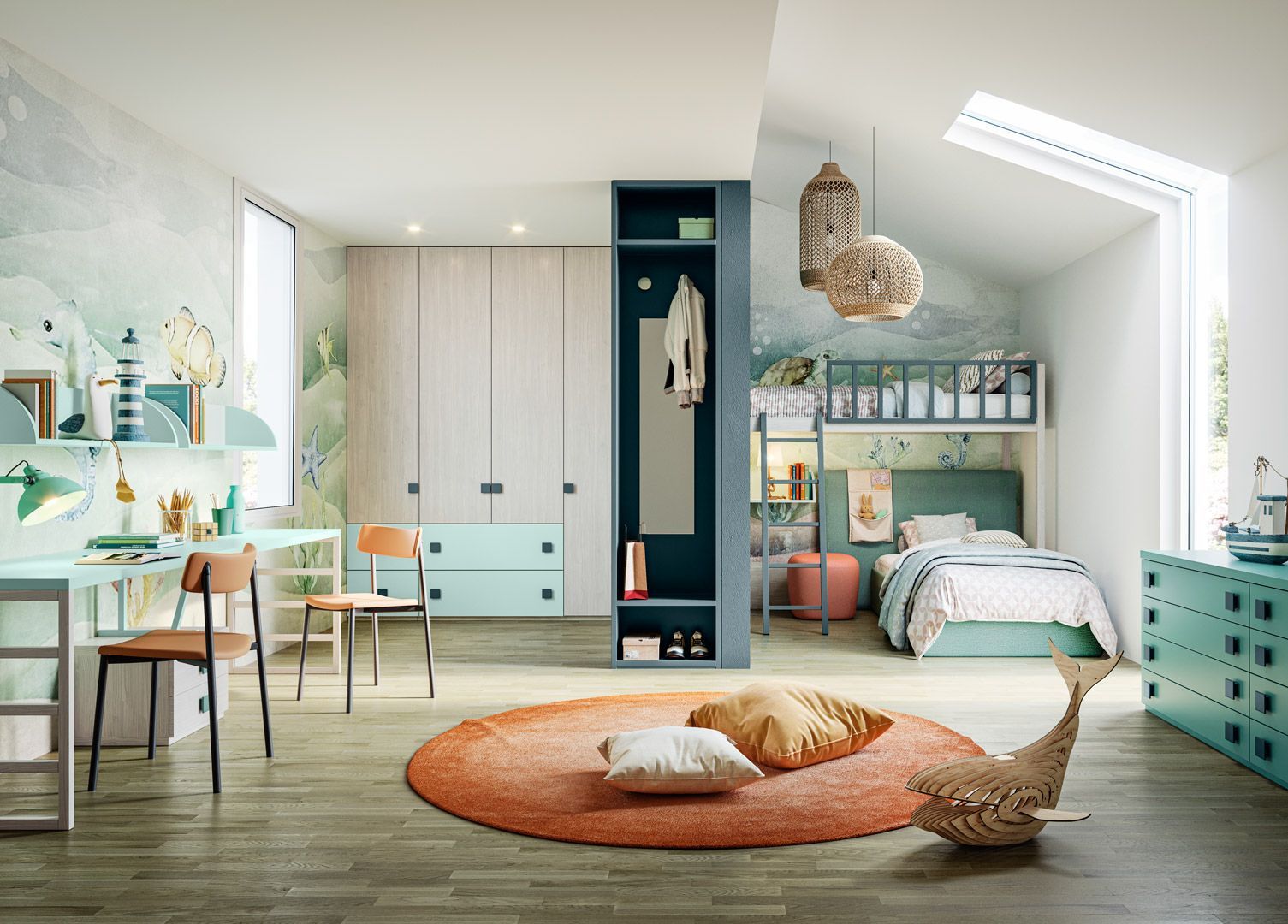 Una cameretta per bambini a tema marino. Include scrivania, letto, armadio e tappeto.