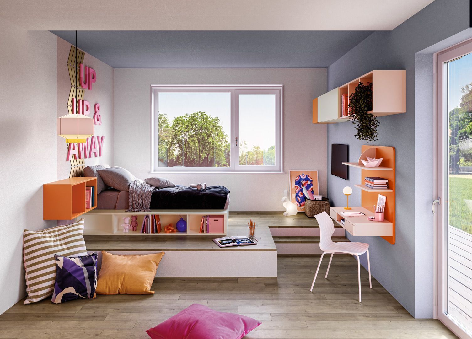 Camera da letto con dettagli arancioni e bianchi, letto rialzato, scrivania e ampia finestra con vista sul cortile.