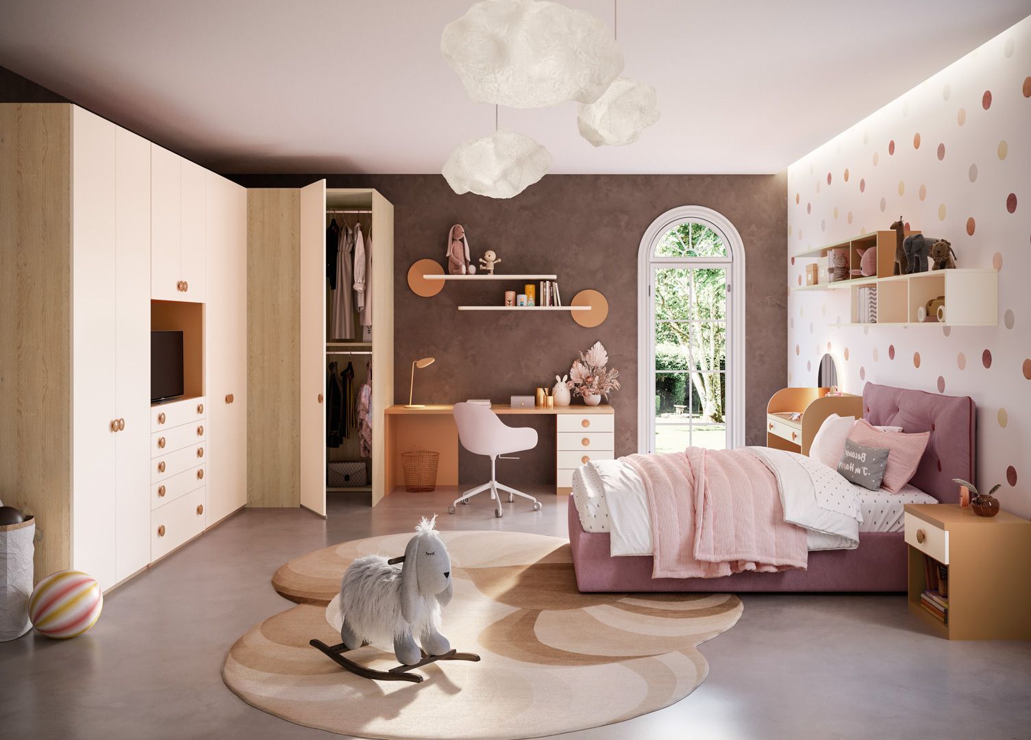 Camera da letto rosa e beige per bambina, con letto, scrivania, cavallo a dondolo, armadio e tappeti rotondi.