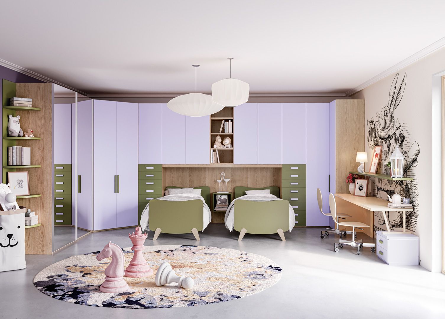 Cameretta per bambini con due letti verdi, armadio viola chiaro e scrivania con decorazioni floreali alle pareti.