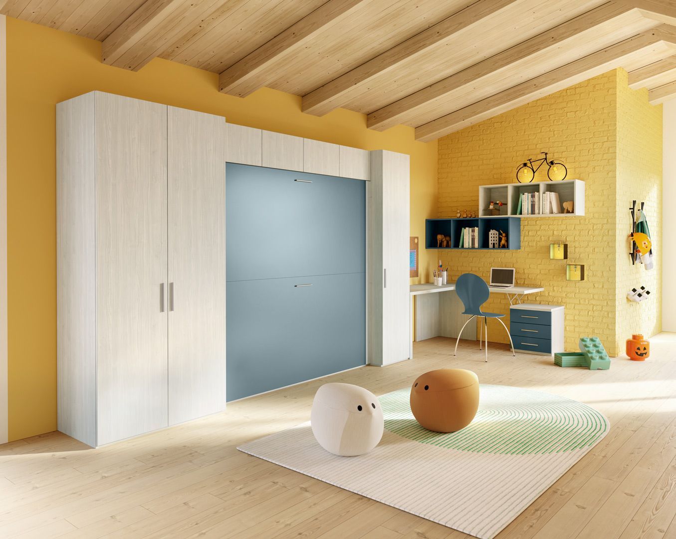 Una cameretta per bambini con mobili in legno chiaro, un letto a scomparsa blu e pareti gialle.