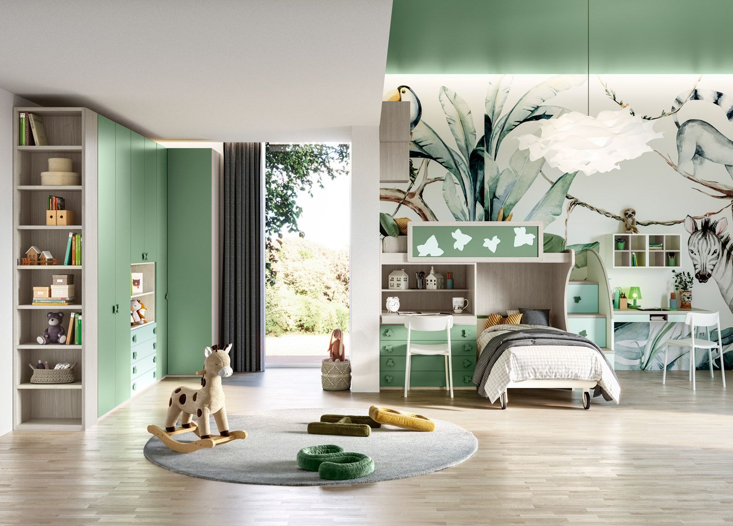 Cameretta per bambini con murale raffigurante la giungla, mobili verde chiaro, cavallo a dondolo e porta aperta sul giardino.