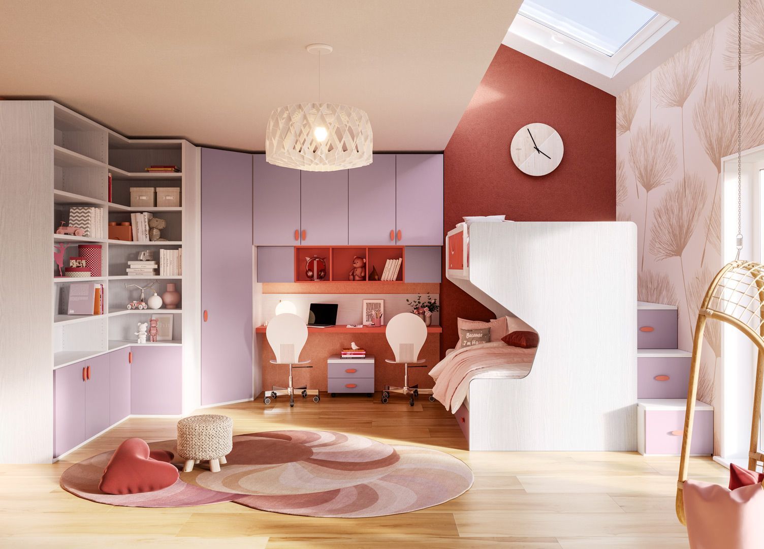 Camera da letto per bambine con spazio contenitore viola e rosa, due scrivanie, letto a castello e altalena, con lucernario.