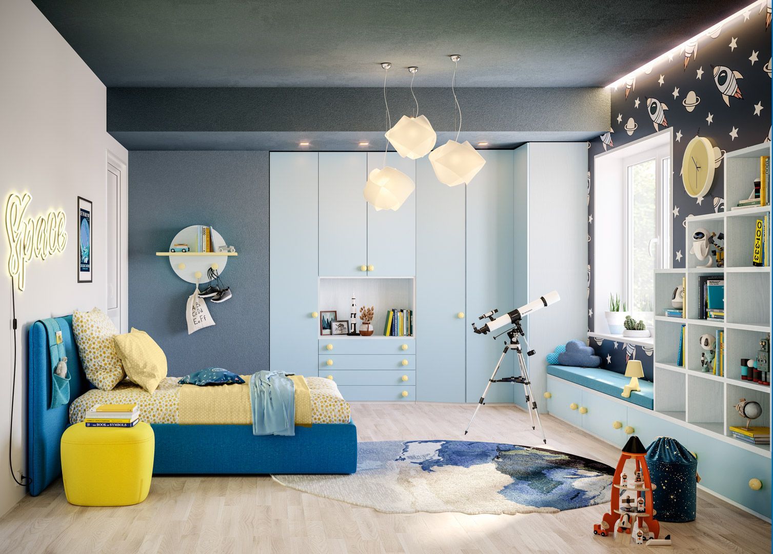 Camera da letto per bambini con tema spaziale blu e giallo: letto, armadio, libreria, sedile vicino alla finestra.