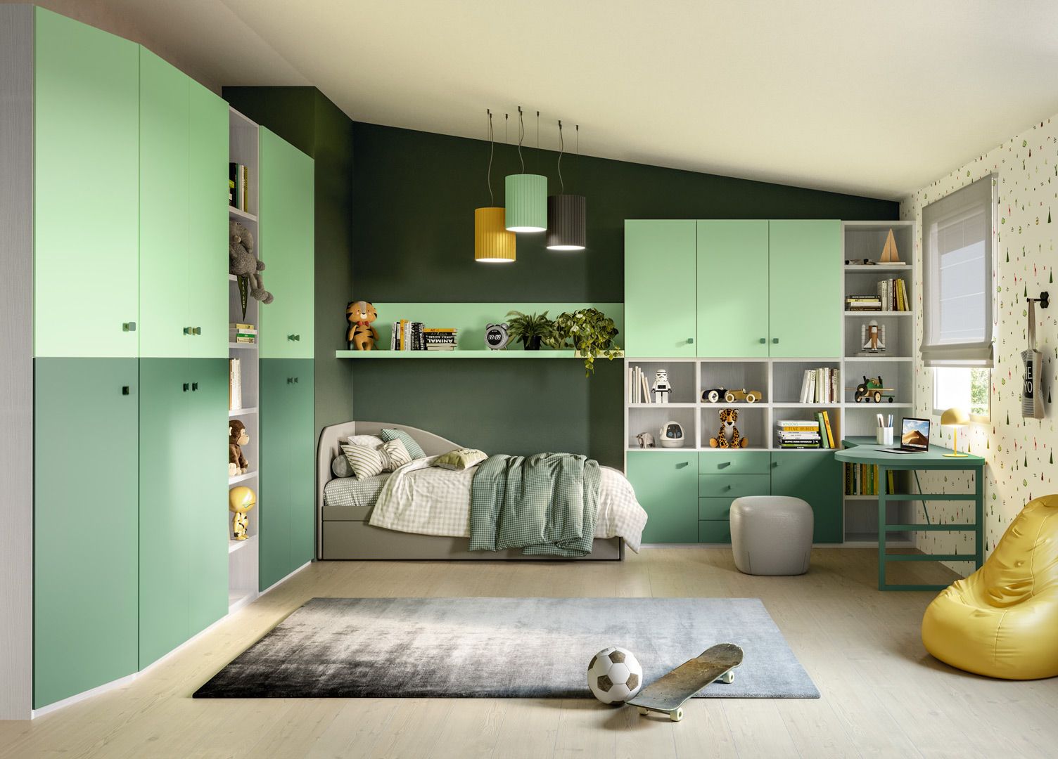 Camera da letto per ragazzi con mobili verde menta e bianchi, parete verde, letto, scrivania, tappeto e poltrona a sacco.