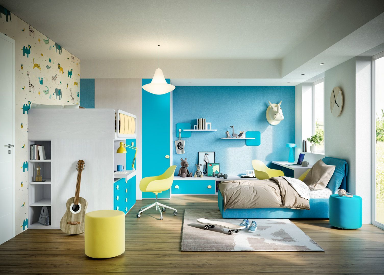 Una cameretta per bambini con tema blu e bianco con letto a soppalco.