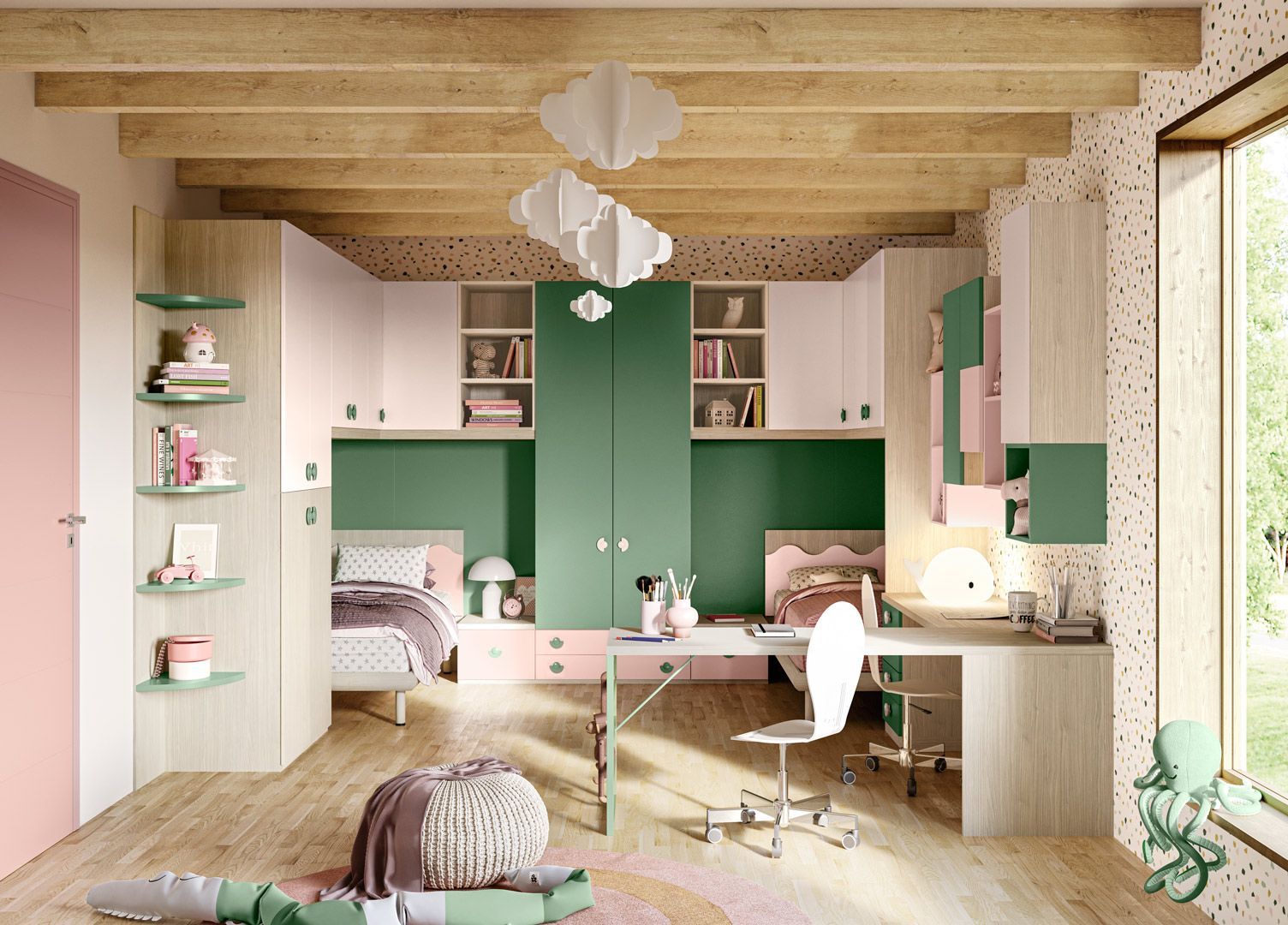 Una camera da letto con travi in legno, scrivania, letto e mobili contenitori colorati. Toni del verde, rosa e beige.