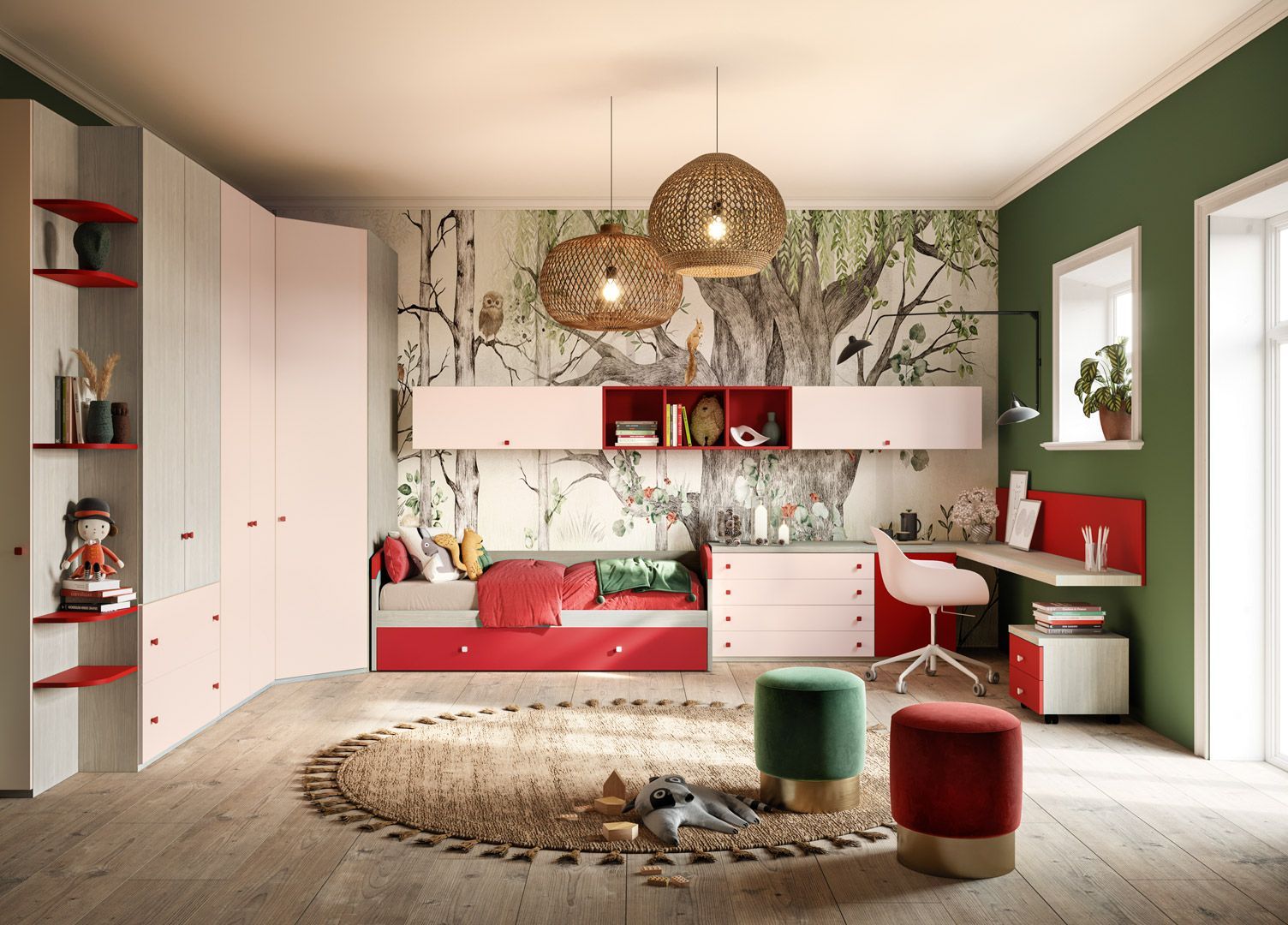 Una cameretta colorata per bambini con scrivania, letto e scaffali, caratterizzata da dettagli rossi e bianchi .